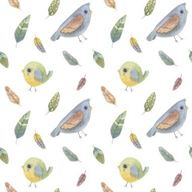 Kuşlar ve tüylerle suluboya kusursuz desen. Tasarımların için bahar havası. Geçmişler, dokular, ambalaj kağıtları, duvar kağıtları, ambalaj, yapıştırma kitabı, kumaşlar, tekstil ve daha fazlası için.