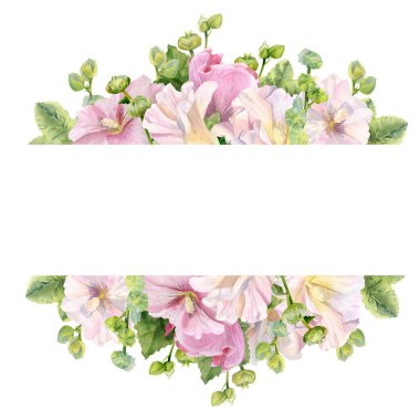 Narin pembe çiçekleri, yeşil sapları ve yaprakları olan suluboya çerçeve. Tasarımların için çiçek havası. Davetiyeler, selamlar, kartpostallar, kartpostallar, düğün baskısı ve daha fazlası için.