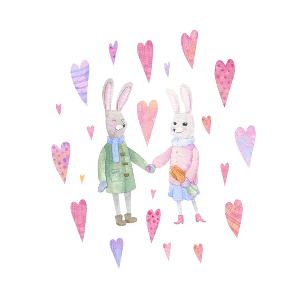 Conejos Esmaltados Entre Suaves Corazones Rosados Estado Ánimo Primavera Amor — Foto de Stock