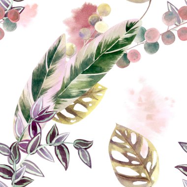 Renkli bitki yaprakları olan kusursuz çiçek desenleri. Her bitki suluboya ile boyanmıştır. Tekstil, kumaş, arkaplan, ambalaj kağıdı, duvar kağıtları ve diğer tasarımlarınız için ideal.