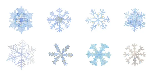 白い背景に水彩の雪片をセットします それぞれの要素は水彩で描かれています どんなデザインにも適しています カード 招待状 パターン パッケージ カバー 挨拶など — ストック写真