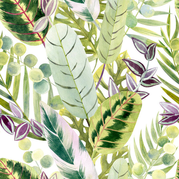 Floral seamless pattern with green houseplant leaves. Each plant is hand drawn in watercolor. Ideal for textiles, fabrics, backgrounds, wrapping paper, wallpapers and your other designs.