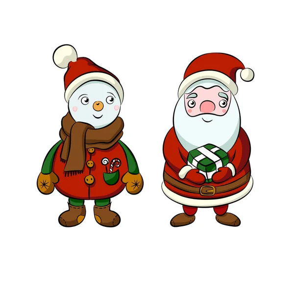 让圣诞老人配上礼品盒 让雪人穿上儿童服装 用于明信片或装饰的矢量艺术 白色背景下隔离的扁平涂鸦艺术设计 — 图库矢量图片