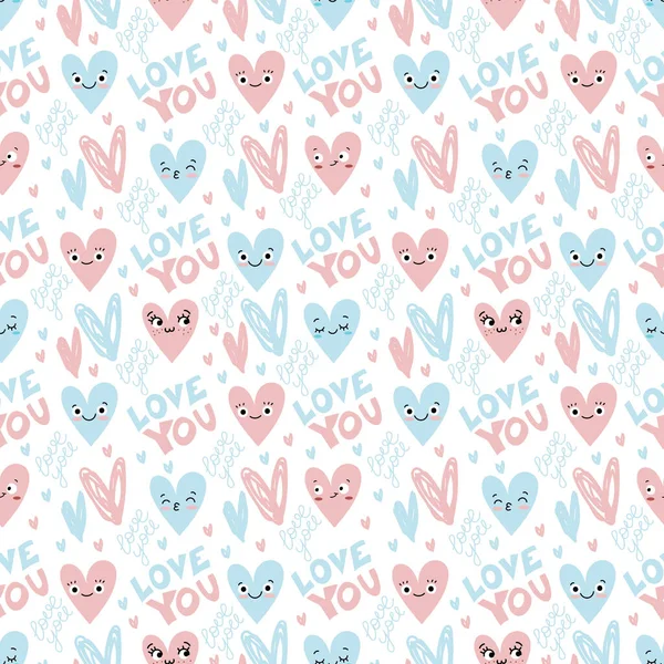 Vector Seamless Pattern Pink Blue Hearts Love Text Flat Doodle — Vetor de Stock