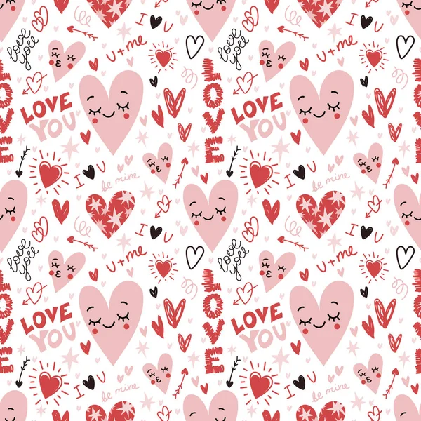 Hand Drawn Romantic Seamless Pattern Hearts Stars Arrows Love Letters — Vetor de Stock