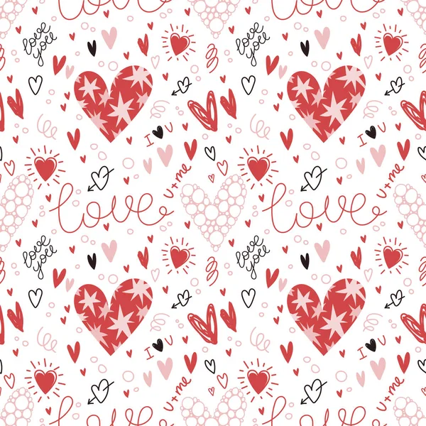 Valentines Day Vector Seamless Pattern Hand Draw Doodle Illustration Lettering — Vetor de Stock