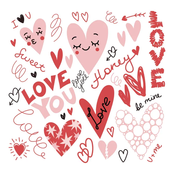Romantic Set Flat Doodle Style Pink Red Elements Love Lettering — Stockvektor