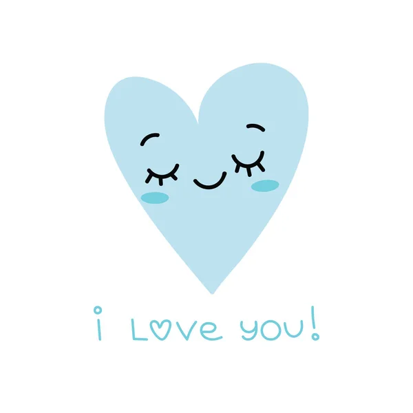 人类以幸福的心情面对蓝色的心 手写的文字爱你白色背景下隔离的儿童扁平涂鸦式贺卡 — 图库矢量图片