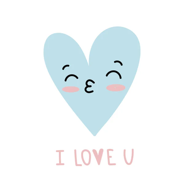 Human Face Blue Kissing Heart Handwritten Lettering Love You Icon — Stock Vector