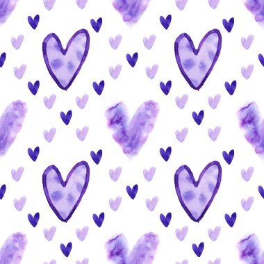 Beyaz arka planda izole edilmiş mor kalplerle suluboya kusursuz desen. Anneler Günü için yumuşak bir aşk dekoru, Sevgililer Günü, düğün, tekstil, hediye paketi.