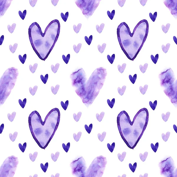 Padrão Sem Costura Aquarela Delicada Com Corações Violetas Isolados Fundo — Fotografia de Stock