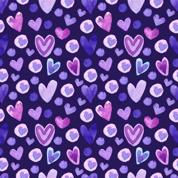 Padrão Sem Costura Com Corações Aquarela Rosa Roxo Fundo Violeta — Fotografia de Stock