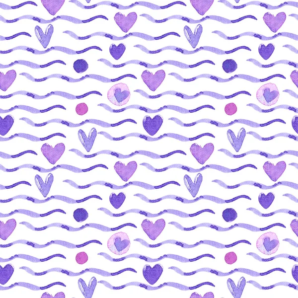 Seamless Pattern Purple Watercolor Hearts Dots Wavy Lines Isolated White — Stock Photo, Image