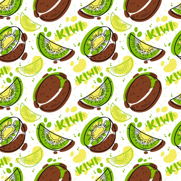 Doodle Kiwi无缝模式 厨房壁纸 纺织品 菜谱设计的背景质感十分独特 色彩艳丽的多汁水果 白底上的手写字母 — 图库矢量图片