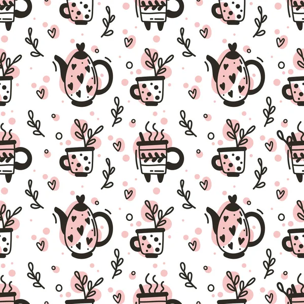 Nahtloses Muster Mit Tassen Teekannen Kaffee Und Teegeschirr Handgezeichnete Illustration — Stockvektor