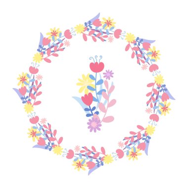 El çizimi düz çiçek çelengi ve buket tasarımı. Düğün için tatlı pastel renkler çiçek karalama tasarımı, tebrik kartı, randevu davetiyesini kaydet.