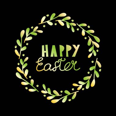 El çizimi çiçek çelengi ve el yazısıyla yazılmış mutlu paskalya yazıları siyah arka planda izole edilmiş. Kartpostal, çıkartma, selamlama için altın gradyan desenli karalama tasarımı, tarih davetini kaydet. 