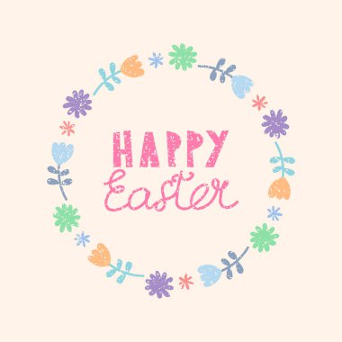 El çizimi çiçekler çelenkler ve el yazısıyla yazılmış mutlu paskalyalar..