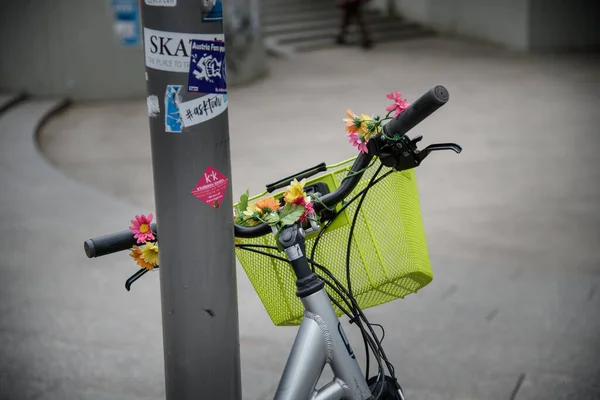 Ladies Bike Large Shopping Basket Handlebars Decorated Flowers Stock Photo