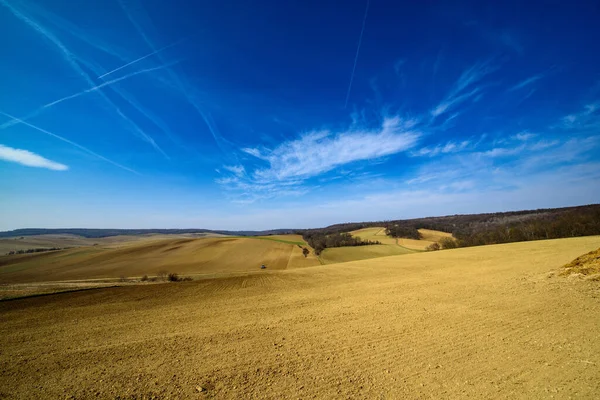 深蓝色天空下的丘陵地带覆盖着几个黄褐色收获的田野 — 图库照片