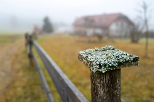 Starý Dřevěný Plot Pokrytý Mechem Farmě Zamlžené Krajině — Stock fotografie