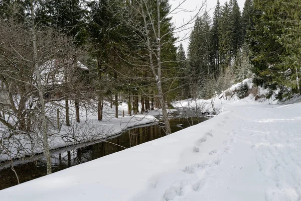 A small quiet flowing river in a snow-covered winter landscape.