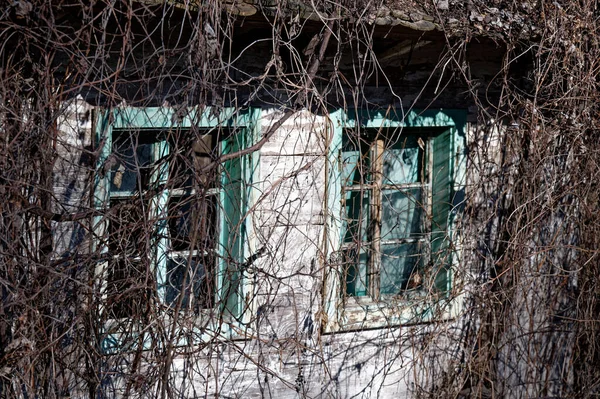 Detail Old Abandoned Wooden Farmhouse Two Broken Window Panes Which — Stock fotografie