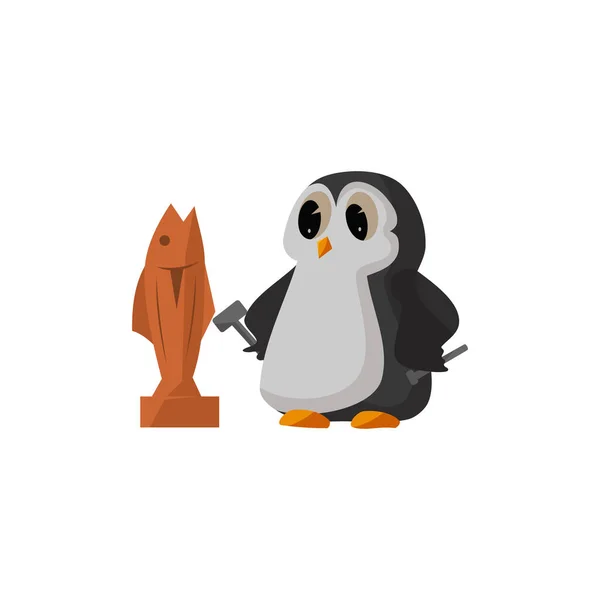 Пінгвін Вирізьблює Дерево Рибу — стоковий вектор