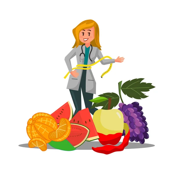 Kadın Doktor Beslenme Uzmanı Meyveli Kilo Kaybı — Stok Vektör
