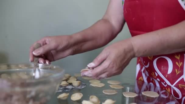 Женщина делает домашние пельмени на кухне — стоковое видео