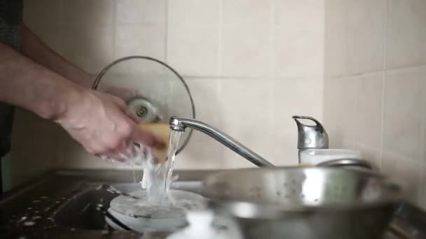 Male hands washing dishes in the kitchen — Stock Video