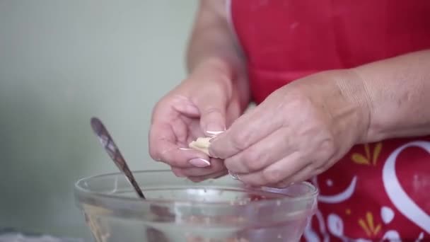 A woman makes homemade dumplings in the kitchen — Stock Video