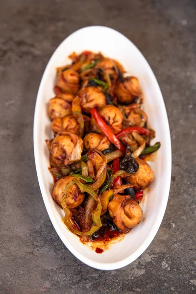 Top View Fried Dumplings Sauce Vegetables — Stock Photo, Image