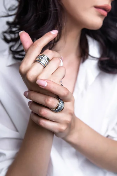 Jewelry Silver Rings Close Women Hands — Stock Photo, Image