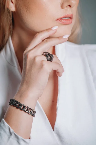 Beautiful Jewelry Rings Bracelet Women Hands White Jacket — Stock Photo, Image