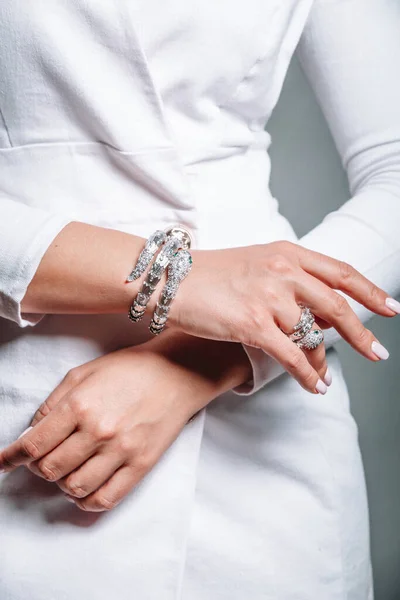 Beautiful Jewelry Rings Bracelet Women Hands White Jacket — Stock Photo, Image