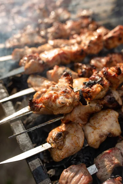 Shish Kebab Smaží Grilu Zblízka Létě — Stock fotografie