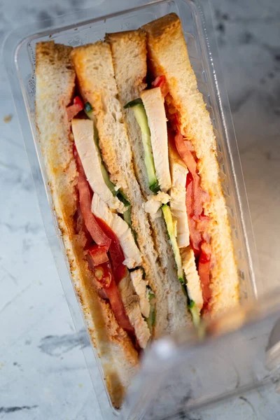 Sandwich Chicken Vegetables Plastic Box Close — Fotografia de Stock