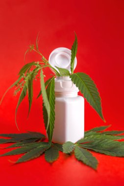 Tıbbi marihuana dalı ve kırmızı arka planda beyaz bir şişe..