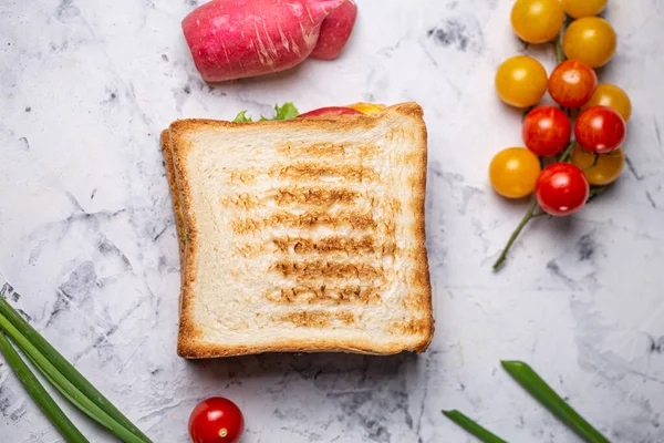 sandwich with bread baked in a toaster top view.