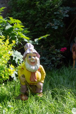a figure of a garden gnome in the green grass in summer.