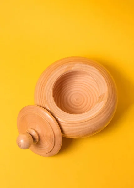Wooden Bathhouse Yellow Background Sugar Bowl Made Wood — Photo