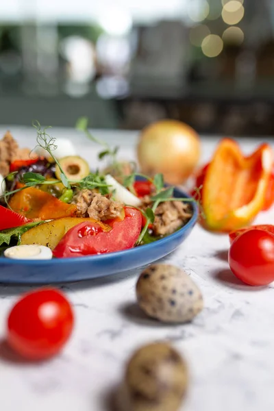 Nicoise Salad Tuna Close Table Vegetables — Photo