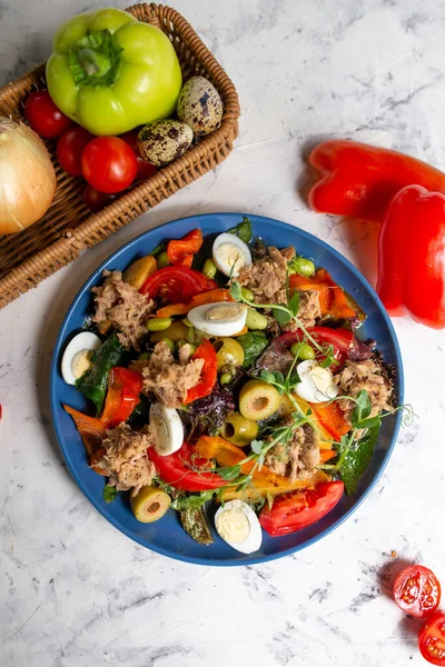 Nicoise Salad Tuna Table Vegetables Top View — Stock Fotó