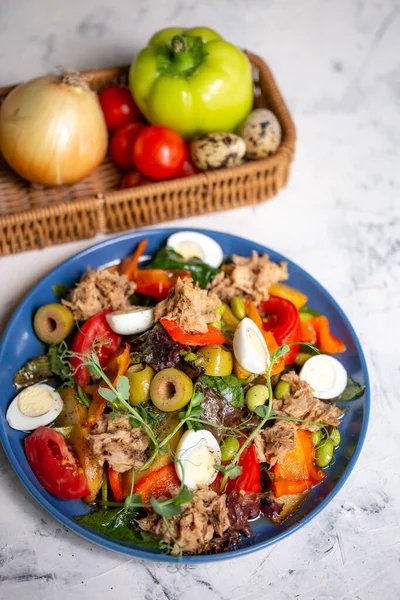 Nicoise Salad Tuna Table Vegetables Top View — Stock Fotó