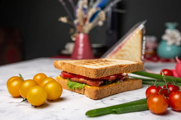 Sandwich Bread Toasts Vegetables Wooden Board — Stock Fotó