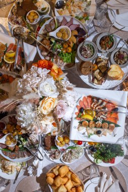 top view of the festive banquet table at the event top view.