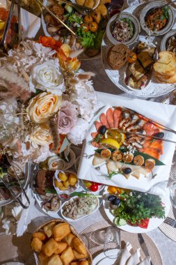 top view of the festive banquet table at the event top view.