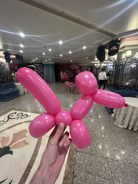 pink dog made from a balloon in a restaurant.