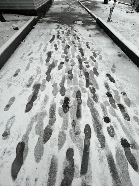 Footprints Snowy Road Winter Trail — Foto Stock